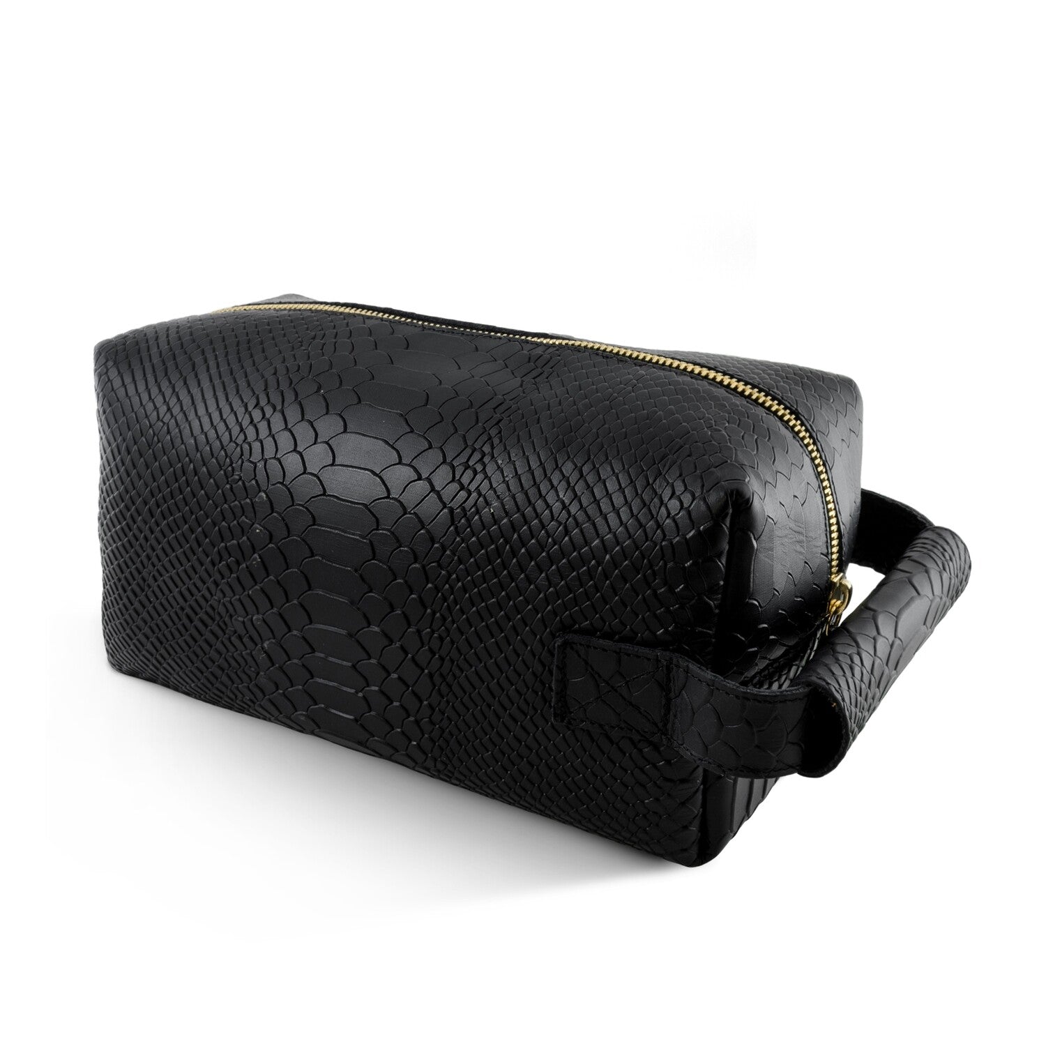 Black Python Embossed Gold Zipper Toiletry Bag