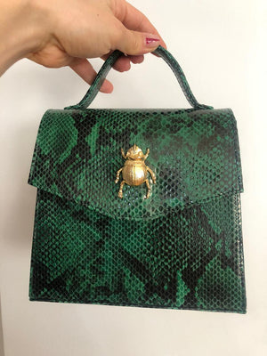 Good Luck Beetle Green Snake Print Convertible Crossbody Bag