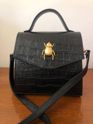 Good Luck Beetle Black Crocodile Convertible Crossbody Bag