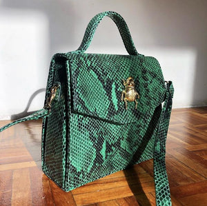 Good Luck Beetle Green Snake Print Convertible Crossbody Bag