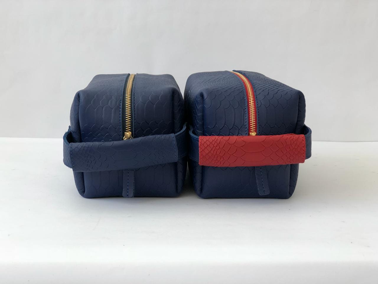 Navy Blue Python Red Trim Toiletry Bag