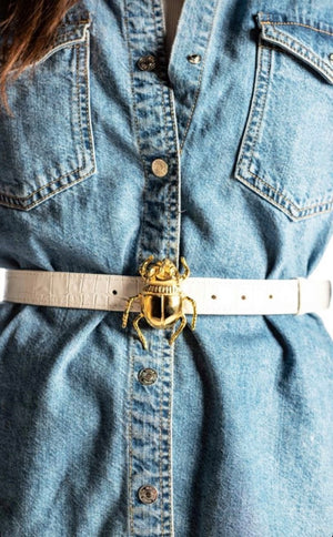 Good Luck Beetle White Leather Belt